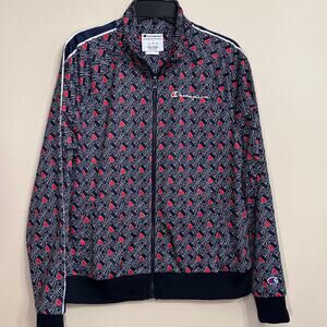 Champion All Over Logo Print Track Jacket Large Streetwear Zip Up Navy